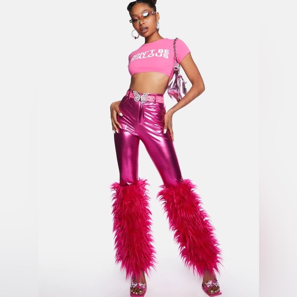 💔SOLD💔 DOLLS KILL Faux Leather Metallic Pants Faux Shag Fur Trim High Waist - Picture 7 of 9